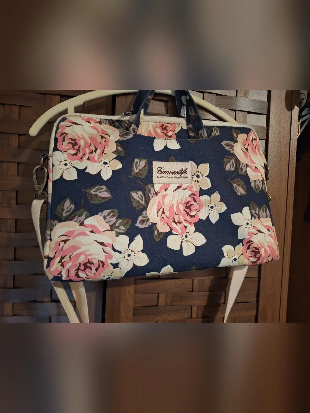 Laptop Messenger Bag Navy Floral Crossbody Bag with Pink Roses